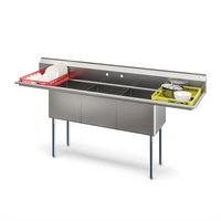 KoolMore 90-Inch Three-Compartment Commercial Sink with Dual Drainboards and Backsplash