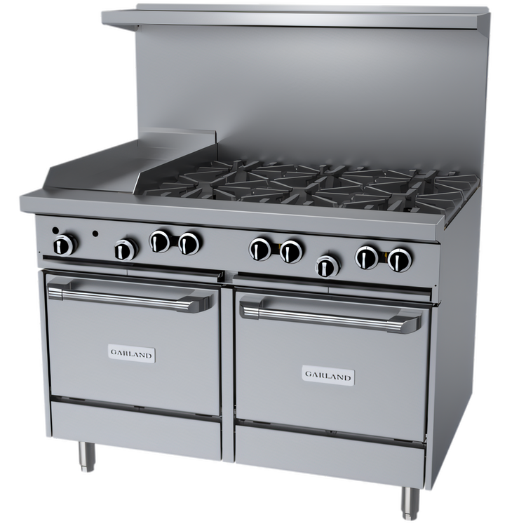 Product image #1 for Garland G Starfire Pro 48-Inch Gas Restaurant Range with 6 Open Burners, 12-Inch Griddle, and 2 Space-Saver Ovens