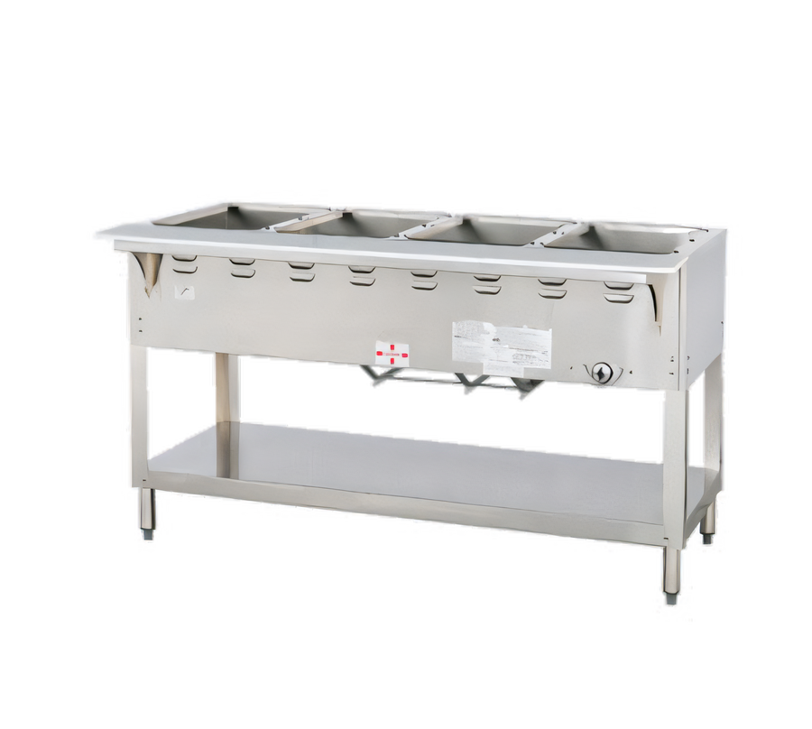 Product image #1 for Aerohot Wet Bath Gas Steam Table with 4-Pan Open Water Bath, Stainless Steel Top, and Open Base with Undershelf