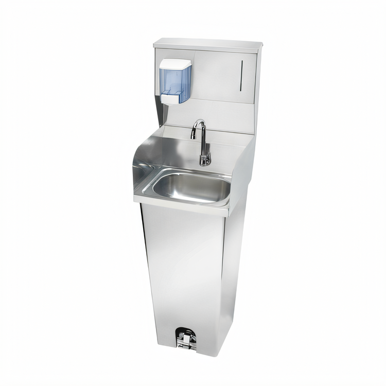Product image #1 for Krowne Pedestal-Mounted Stainless Steel Hand Sink with Foot Pedal Valve, Side Splashes, and Soap/Towel Dispenser