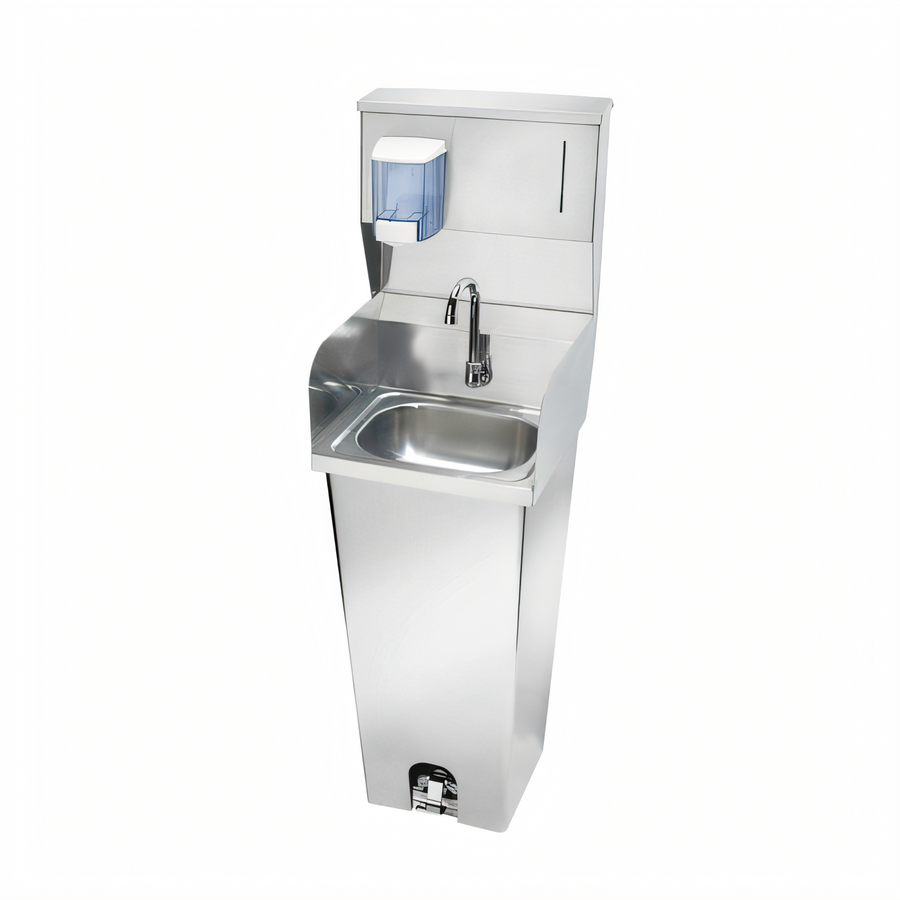 Product image #1 for Krowne Pedestal-Mounted Stainless Steel Hand Sink with Foot Pedal Valve, Side Splashes, and Soap/Towel Dispenser