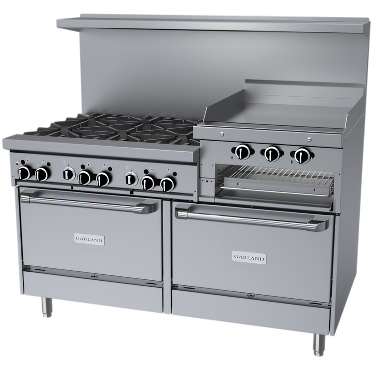 Product image #1 for Garland GFE Starfire Pro 60-Inch Gas Restaurant Range with 6 Open Burners, Right-Side 24-Inch Raised Griddle/Broiler, and 2 Standard Ovens