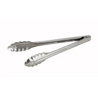 Winco 12-Inch Heavyweight Stainless Steel Utility Tongs with Coiled Spring and Scalloped Edge