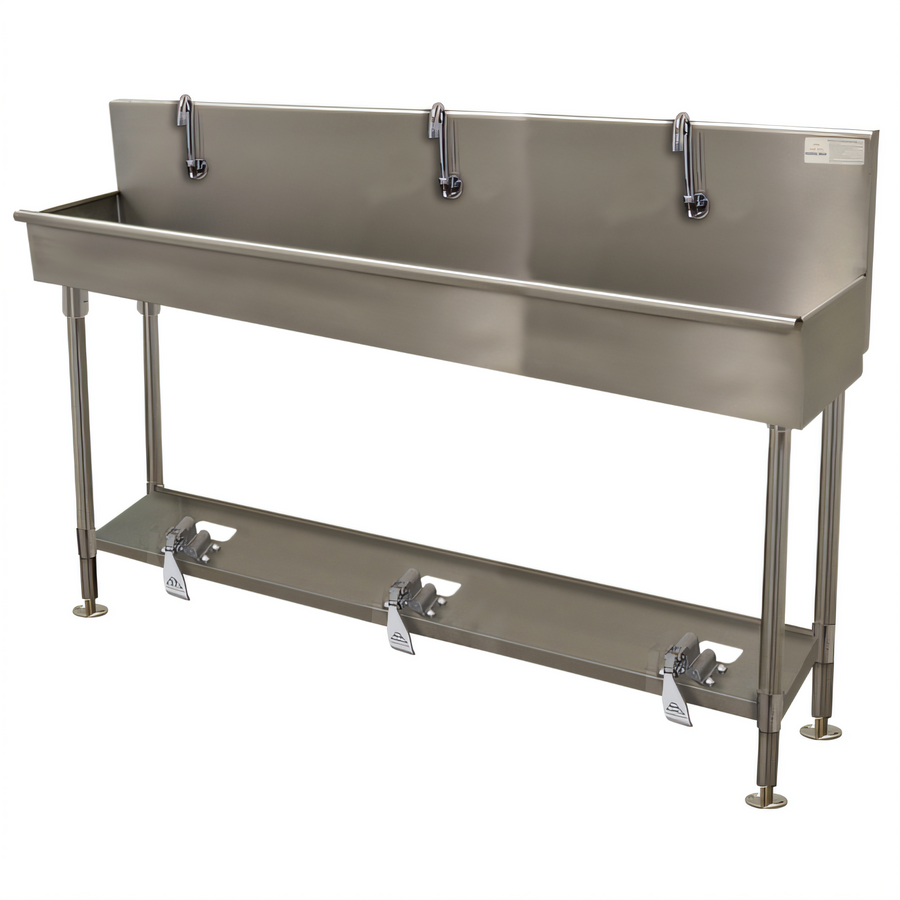 Product image #1 for Advance Tabco 3-Station Floor-Mounted Multi-Wash Hand Sink with Toe-Push Valves, 60 Inch 304 Stainless Steel