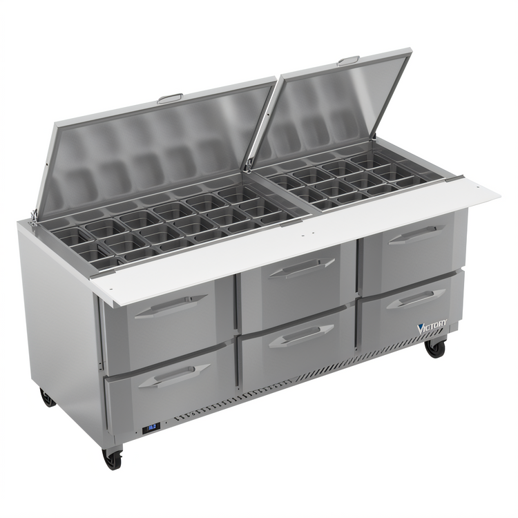 Product image #1 for Victory UltraSpec™ V-Core™ Three-Section Big Top Sandwich Prep Table, 72-Inch, 6-Drawer, 30-Pan Top