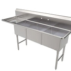 Thumbnail image #1 for ATSMFG MET MET-SE-18183L ATS MFG 3-Compartment Stainless Steel Sink, 75"W x 24"D x 45"H, 18" x 18" x 12" Compartments, Left Drainboard