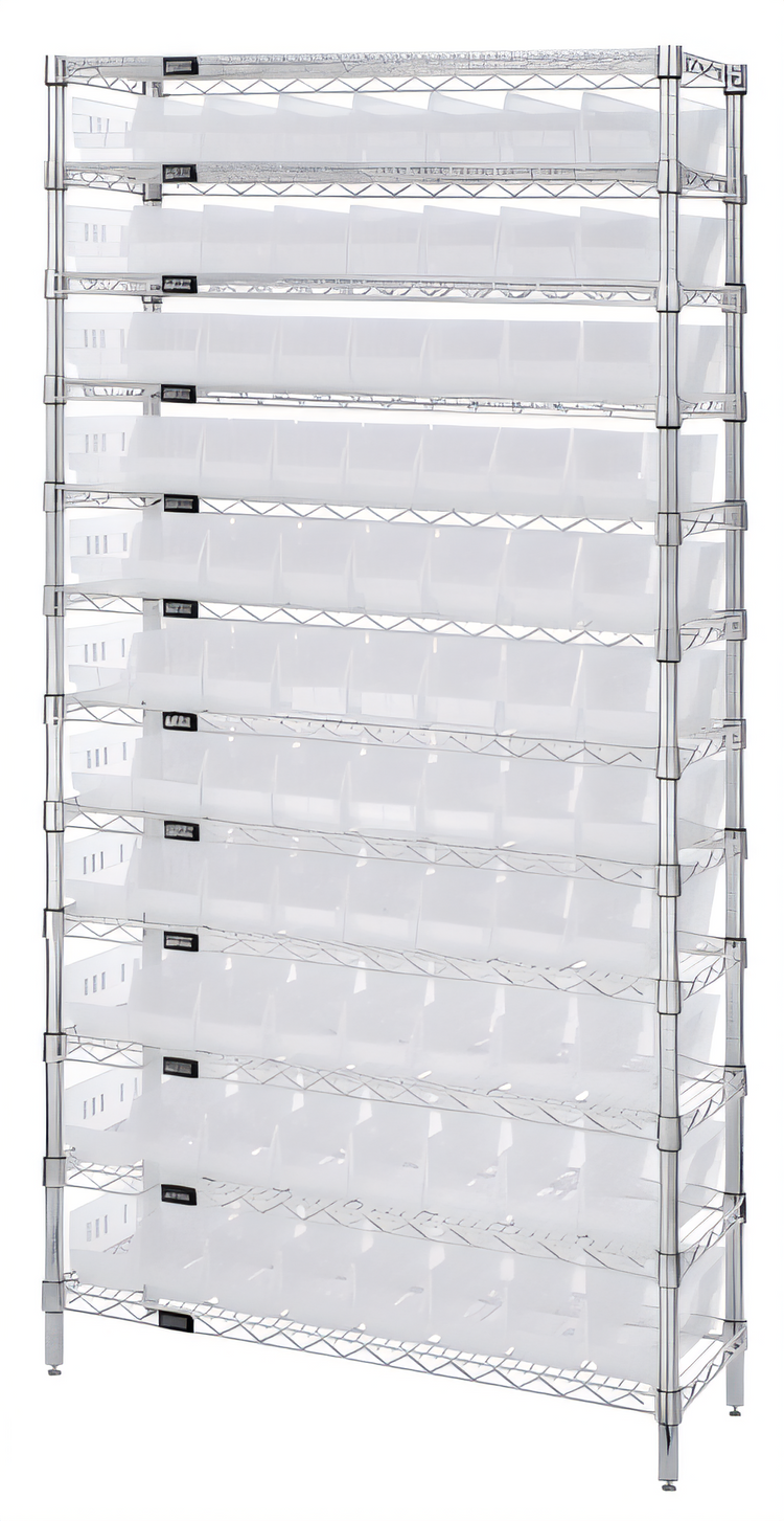 Product image #1 for Quantum WR12-101CL 36 Inch Wide Bin Wire Shelving System with 88 Clear Bins, 12 Deep x 74 High, Chrome Plated
