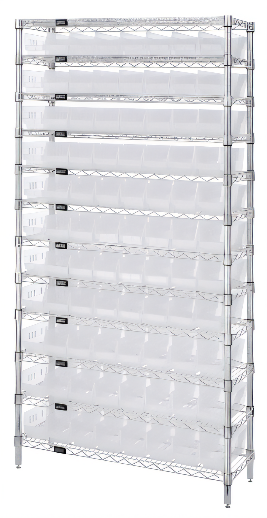 Product image #1 for Quantum WR12-101CL 36 Inch Wide Bin Wire Shelving System with 88 Clear Bins, 12 Deep x 74 High, Chrome Plated