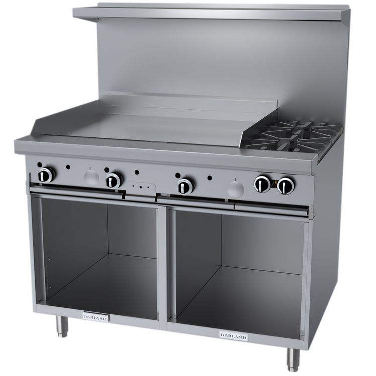 Product image #1 for Garland G Starfire Pro 48-Inch Commercial Gas Restaurant Range with 2 Open Burners, 36-Inch Griddle, and 2 Storage Bases