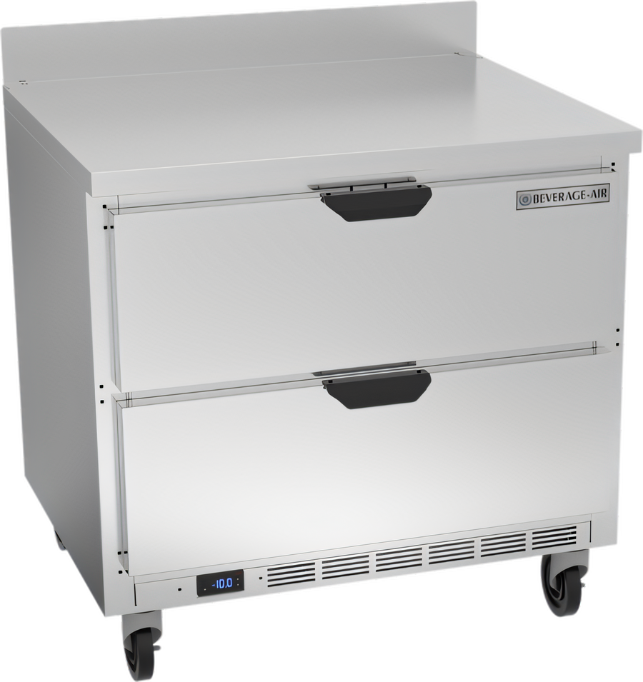 Product image #1 for Beverage-Air 36-Inch 2-Drawer Worktop Freezer, 8.69 Cu. Ft., Stainless Steel, Rear-Mounted Self-Contained R290