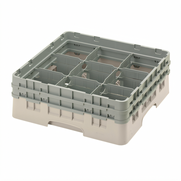 Product image #2 for Cambro Camrack Full Size 9-Compartment Glass Rack with 2 Soft Gray Extenders, Beige