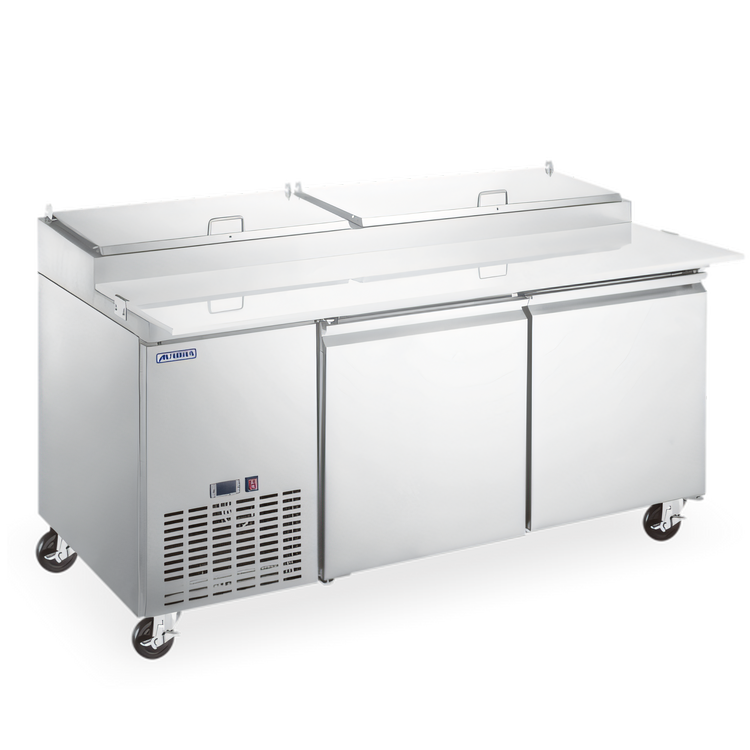 Product image #1 for Aurora Two-Section Refrigerated Pizza Prep Table, 67 Inch, Side-Mounted Self-Contained, 15.6 Cu. Ft.