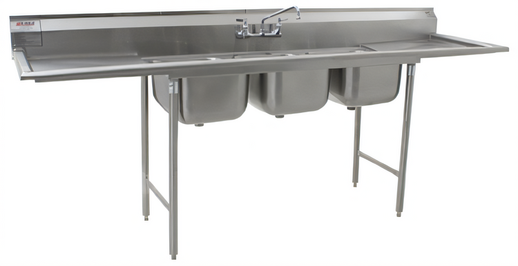 Product image #1 for Eagle Group 412 Series Three-Compartment Sink with Left and Right Drainboards, 102-Inch Wide, 430 Stainless Steel