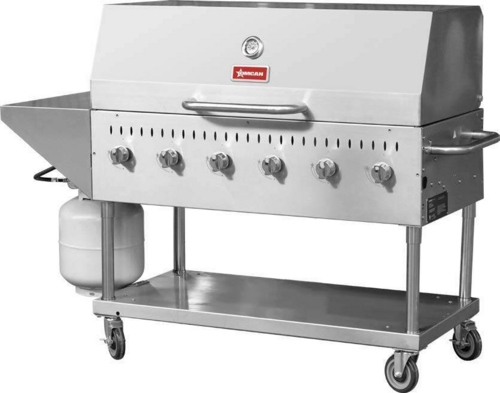 Product image #1 for Omcan 47.2-Inch Mobile Outdoor Propane 6-Burner 304 Stainless Steel BBQ Grill with Roll Dome