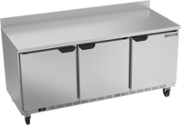 Beverage-Air 72-Inch Three-Section Worktop Refrigerator with 3 Solid Doors and Rear-Mounted Self-Contained R290 Refrigeration