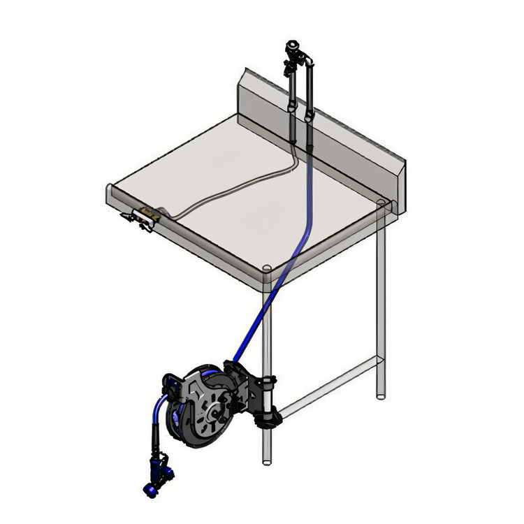 Product image #1 for T&S Brass Table-Mount Open Stainless Steel Retractable Hose Reel Assembly with 35' Hose, Concealed Mixing Faucet and Rear Trigger Water Gun