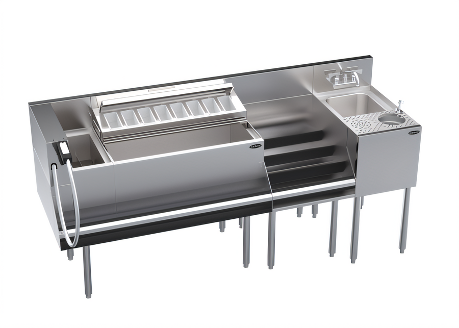 Product image #1 for Krowne Royal Series 74-Inch Stainless Steel Underbar Workstation with Ice Bin, Speedrail, Soda Gun Holder, and Hand Sink