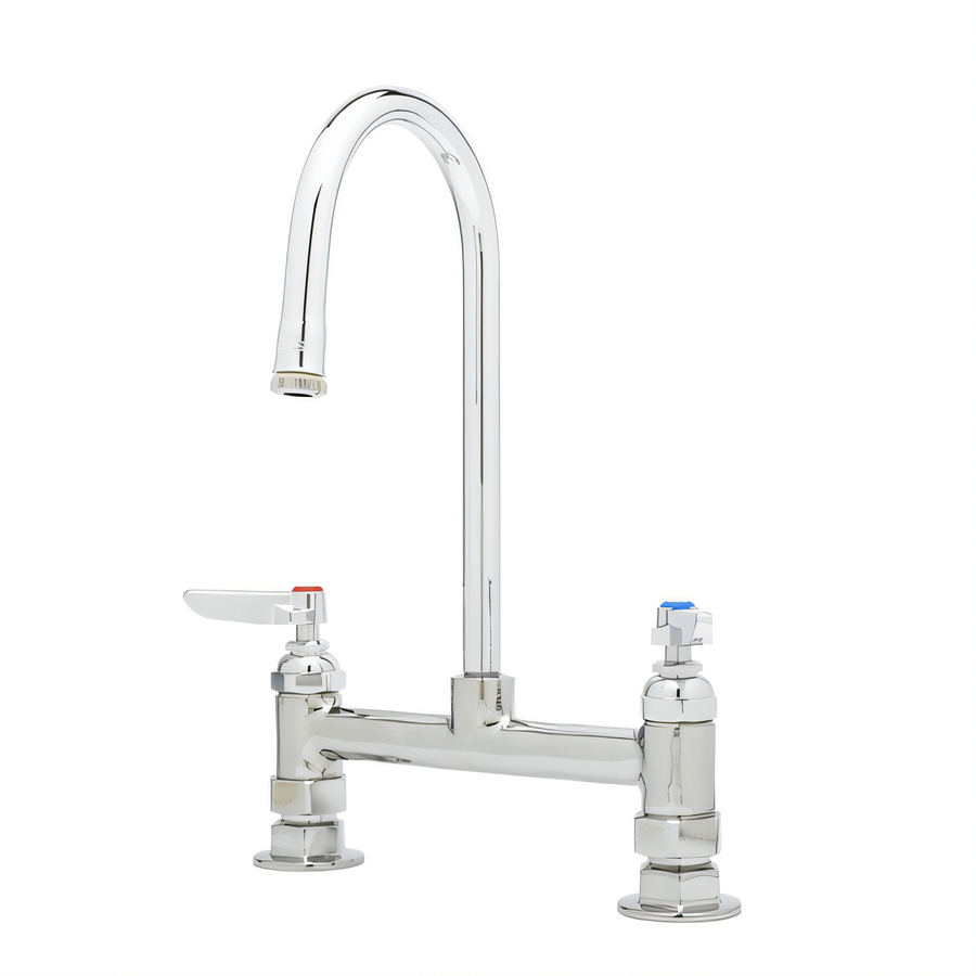 Product image #1 for Commercial Deck-Mount Low-Lead Faucet with 8" Centers, Rigid Gooseneck Spout and Lever Handles