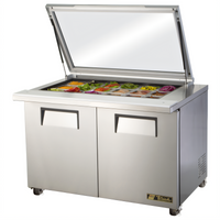 True 48 3/8-Inch Wide Mega-Top Sandwich/Salad Refrigerated Prep Table with Flat Glass Lid, 2 Solid Doors, 18-Pan Capacity