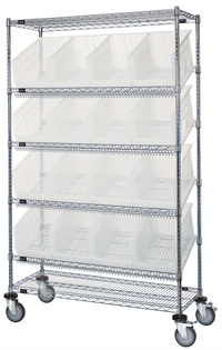 Quantum Slanted Shelf Cart with 2 Flat Shelves, 4 Slanted Shelves and 16 Clear Bins, 48 x 18 x 80 Inches, Chrome Plated Finish