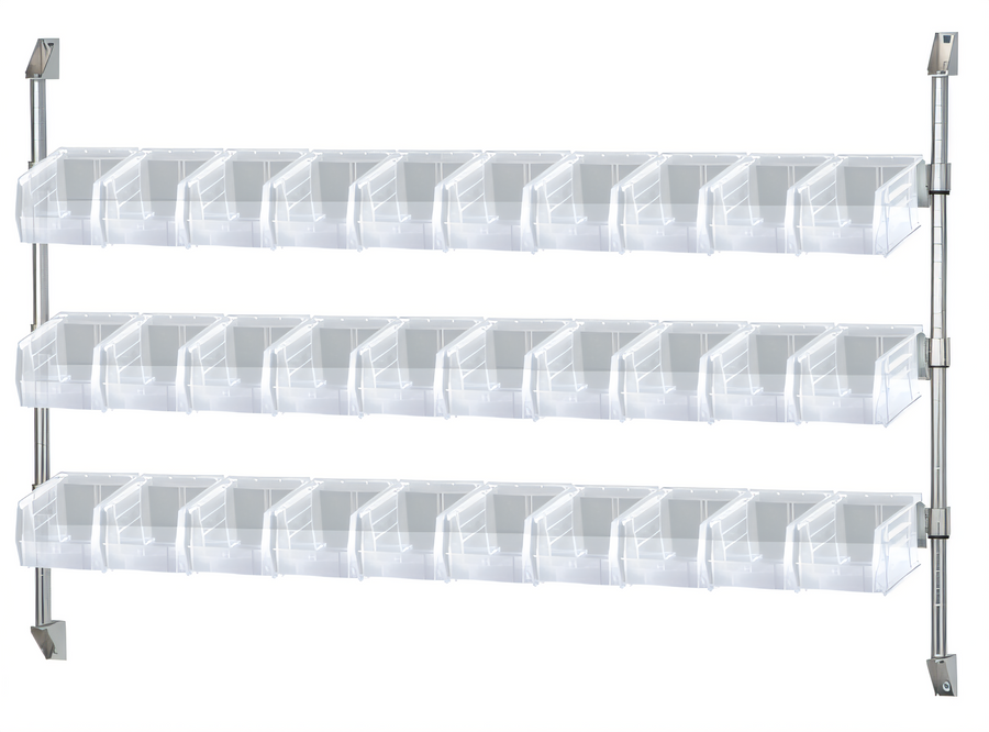 Product image #1 for Quantum Cantilever Wall-Mount Bin Holder Starter Unit with 18 Clear Bins, 60W x 10-7/8D x 34H, Chrome Plated