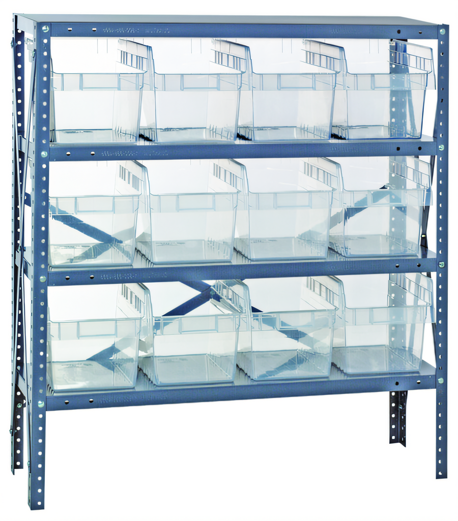 Product image #1 for Quantum Heavy-Duty 4-Shelf Stationary Wire Shelving Unit with 12 Clear Bins, 36 x 18 x 39 Inches