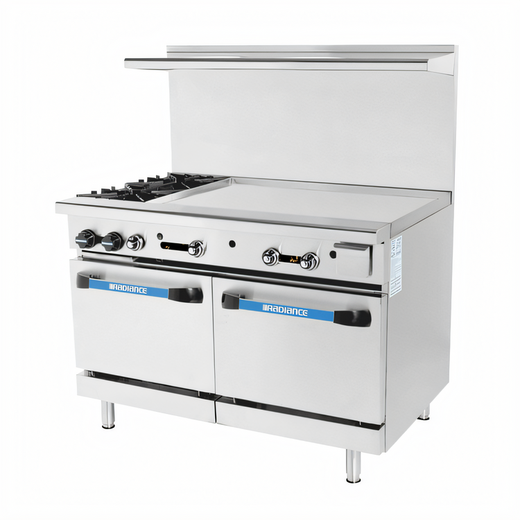 Product image #1 for Turbo Air Radiance 48-Inch Gas Restaurant Range with 2 Open Burners, 36-Inch Right-Side Griddle, and 2 Standard Ovens