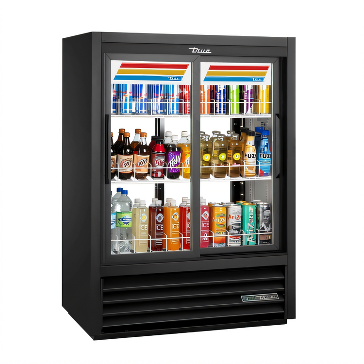 Product image #1 for True 2-Section Pass-Thru Narrow-Depth Glass Door Merchandiser Refrigerator with Sliding Doors, LED Lighting, and R290 Refrigerant