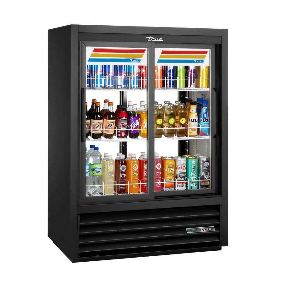 Product image #1 for True 2-Section Pass-Thru Narrow-Depth Glass Door Merchandiser Refrigerator with Sliding Doors, LED Lighting, and R290 Refrigerant