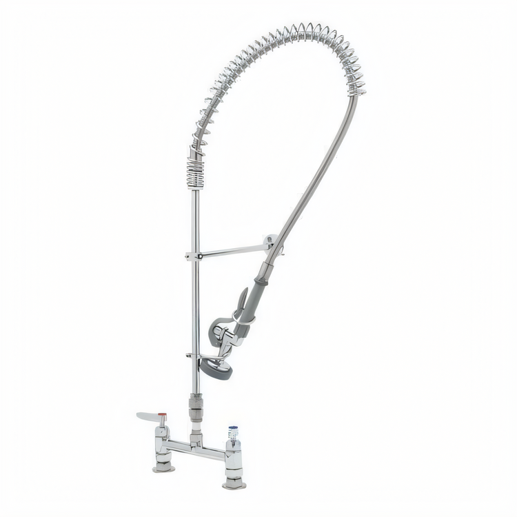 Product image #1 for T&S Brass EasyInstall 8-Inch Adjustable Centers Deck-Mount Pre-Rinse Unit with Spring Action Gooseneck, 18-Inch Riser, and 44-Inch Hose