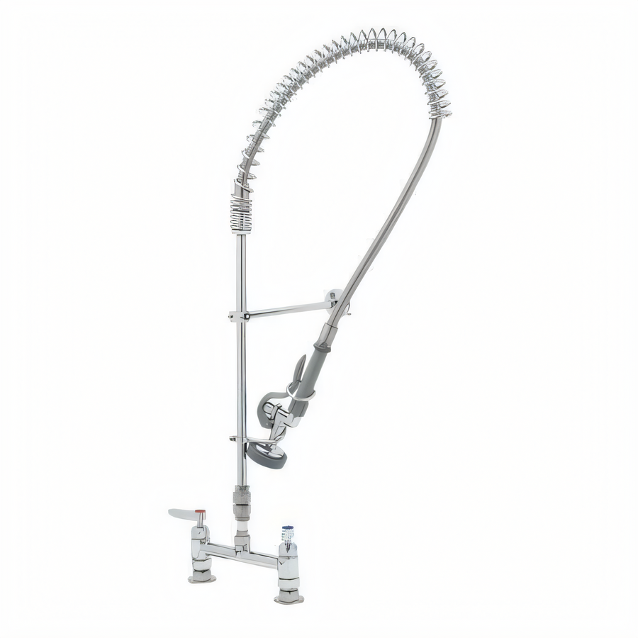 Product image #1 for T&S Brass EasyInstall 8-Inch Adjustable Centers Deck-Mount Pre-Rinse Unit with Spring Action Gooseneck, 18-Inch Riser, and 44-Inch Hose