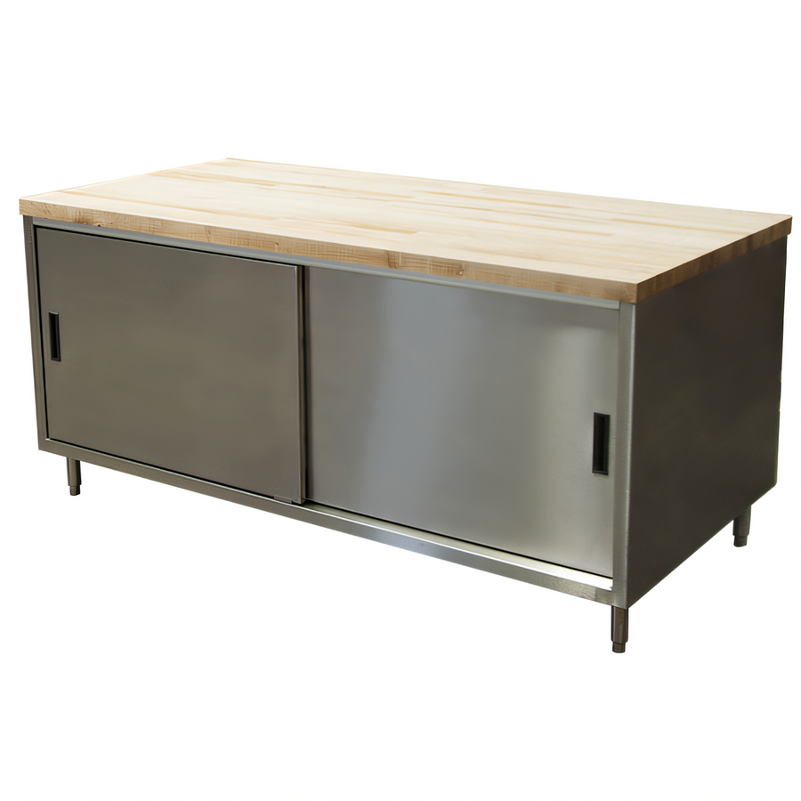 Product image #1 for BK Resources 72-Inch x 30-Inch Hard Maple Wood Top Chef Table with Cabinet Base and Sliding Doors