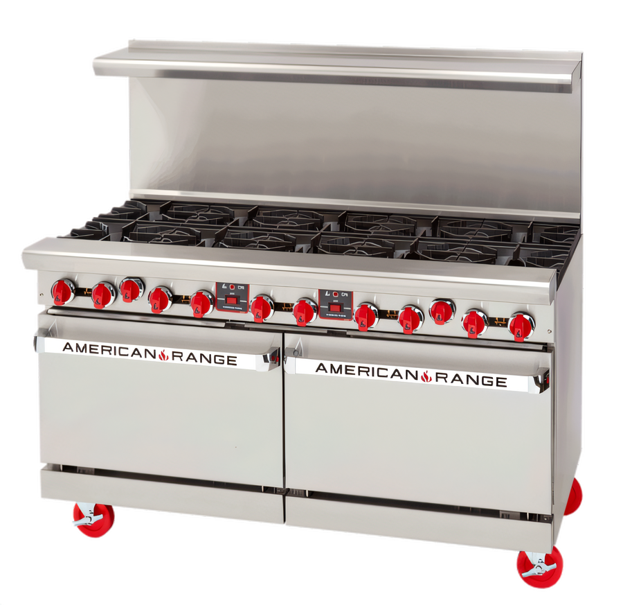 Product image #1 for American Range 60-Inch Commercial Gas Restaurant Range with 12-Inch Griddle, 8 Open Burners, and 2 Convection Ovens