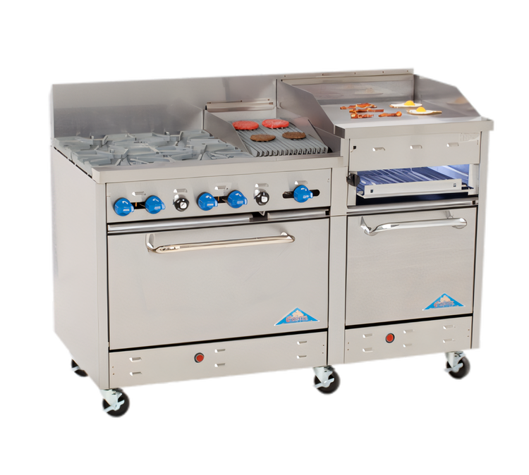 Product image #1 for Comstock-Castle Stainless Steel 60-Inch Commercial Gas Range with 2 Open Burners, 30-Inch Raised Griddle, 18-Inch Char-Broiler, and 2 Standard Ovens