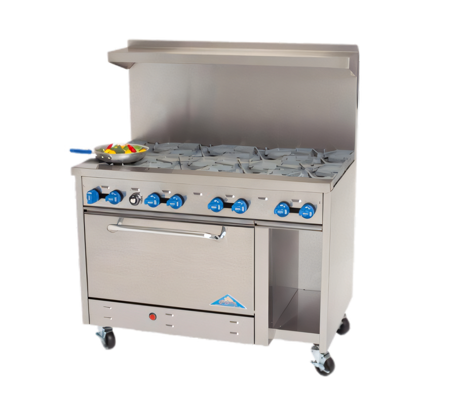 Product image #1 for Comstock-Castle F3430 48-Inch Commercial Gas Range with 8 Open Burners, 31.5-Inch Oven, and Open Cabinet Base