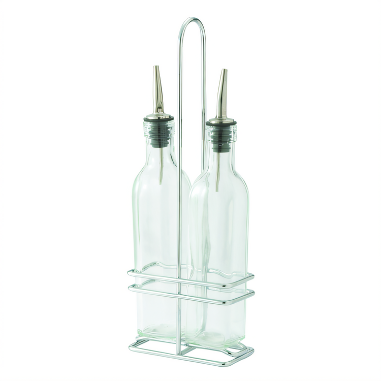 Product image #1 for Countertop Oil & Vinegar Cruet Set with 2 Square 16 oz Bottles, Lids, and Chrome-Plated Rack