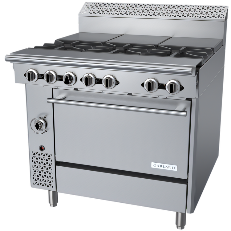 Product image #1 for Garland Cuisine Series 36-Inch Heavy Duty Gas Range with 3 Open Burners, 3 Hot Tops, and Standard Oven
