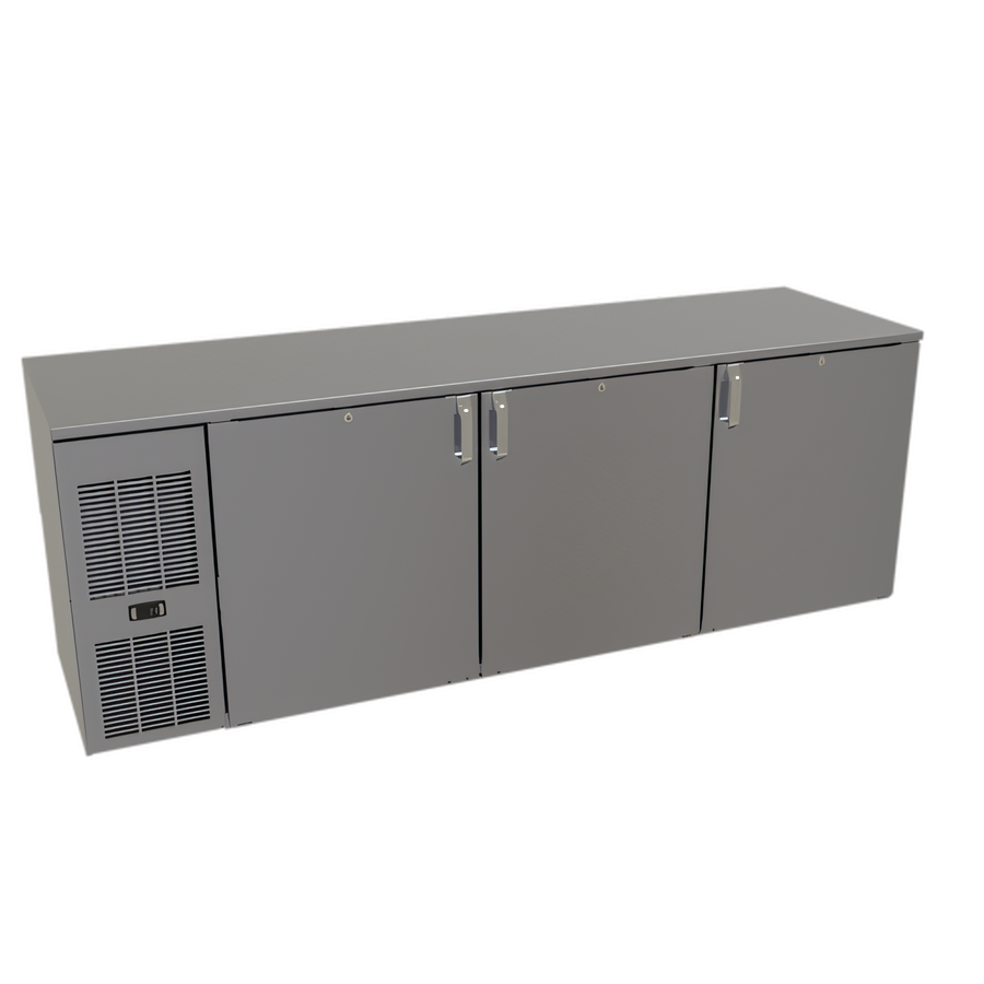 Product image #1 for Glastender C1FL84 84-Inch Front-Serviced Low-Profile Three-Section Solid Door Back Bar Cooler