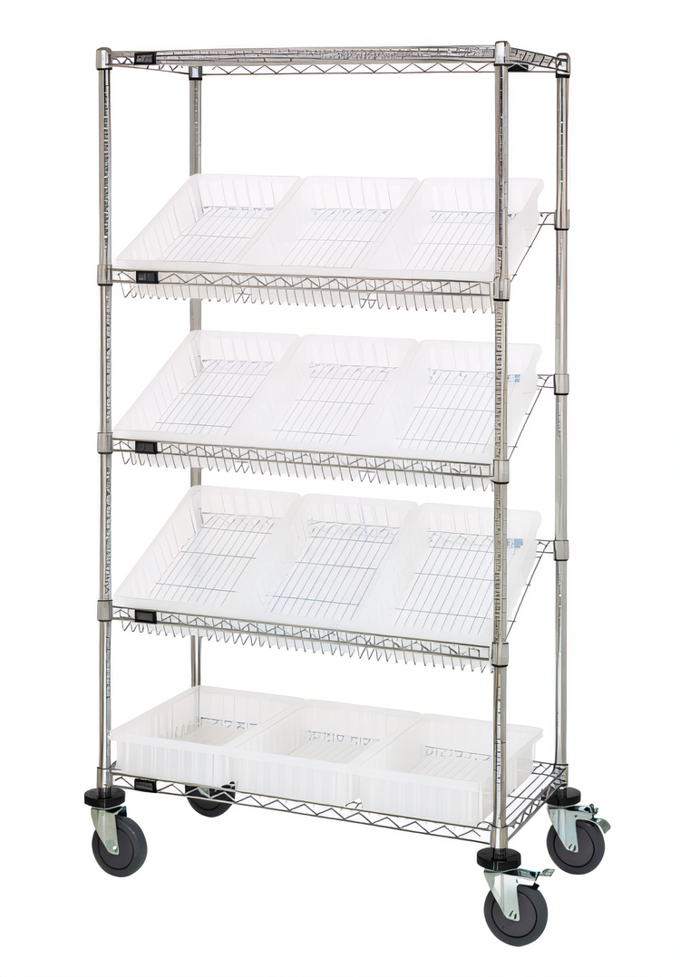 Product image #1 for Quantum Mobile Wire Shelving Bin System with 12 Clear Bins, Chrome Plated, 36W x 18D x 63H