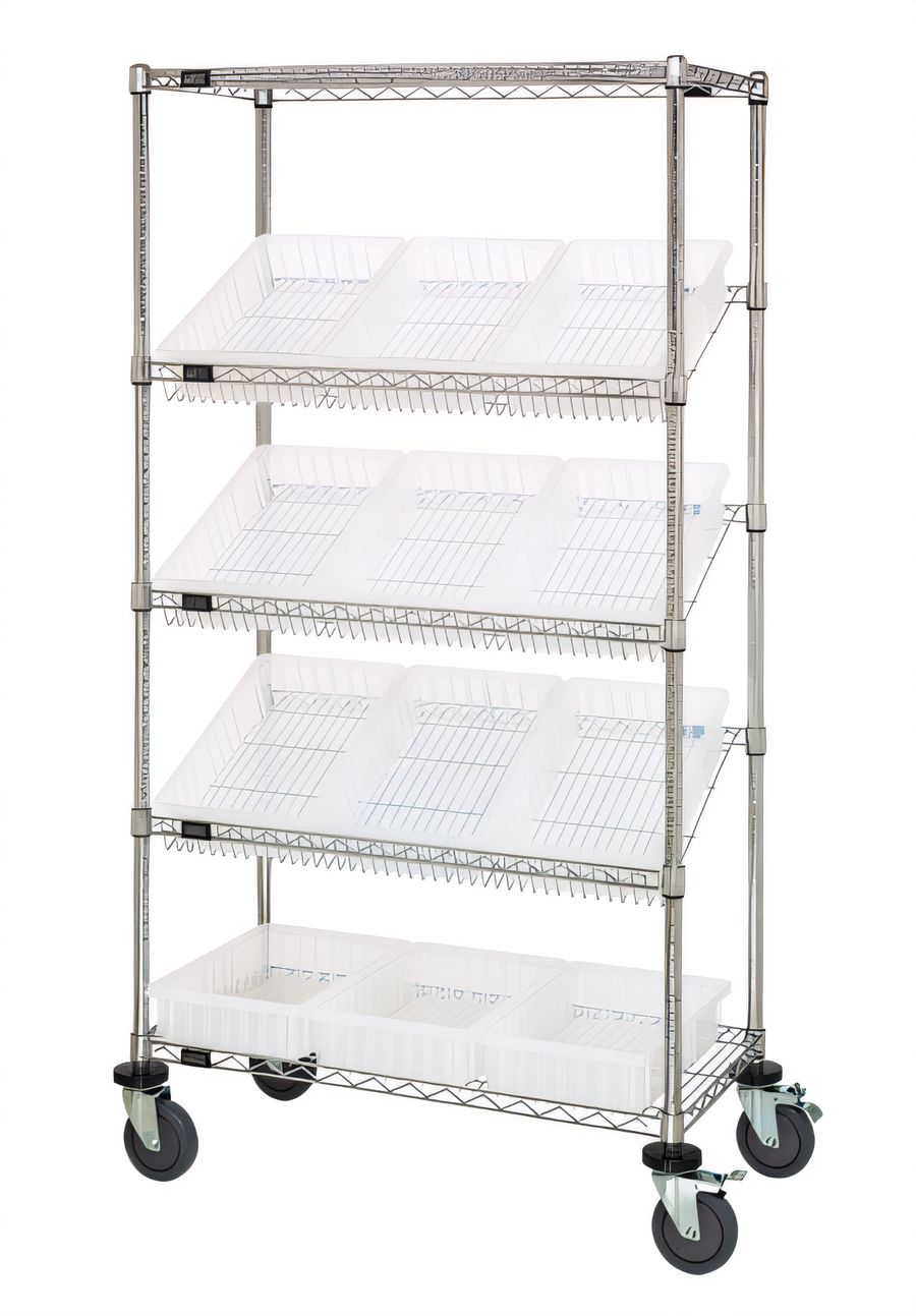 Product image #1 for Quantum Mobile Wire Shelving Bin System with 12 Clear Bins, Chrome Plated, 36W x 18D x 63H
