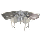 Thumbnail image #1 for BK Resources BKCS-3-18-14-18T Corner 3-Compartment 304 Stainless Steel Sink with Dual Drainboards, 18" x 18" x 14" Compartments