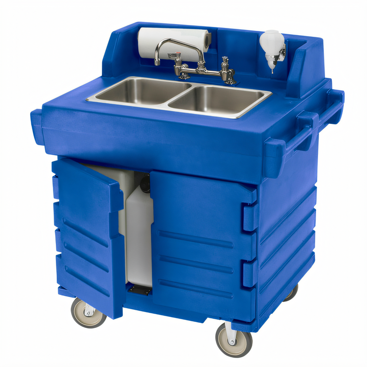 Product image #2 for Cambro CamKiosk Mobile Hand Sink Cart with 2-Compartment Sink, 110V, Navy Blue