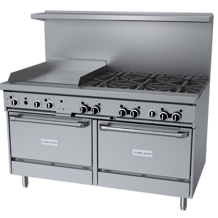 Product image #1 for Garland GFE Starfire Pro 60-Inch Gas Restaurant Range with 6 Open Burners, 24-Inch Thermostatic Griddle and 2 Standard Ovens