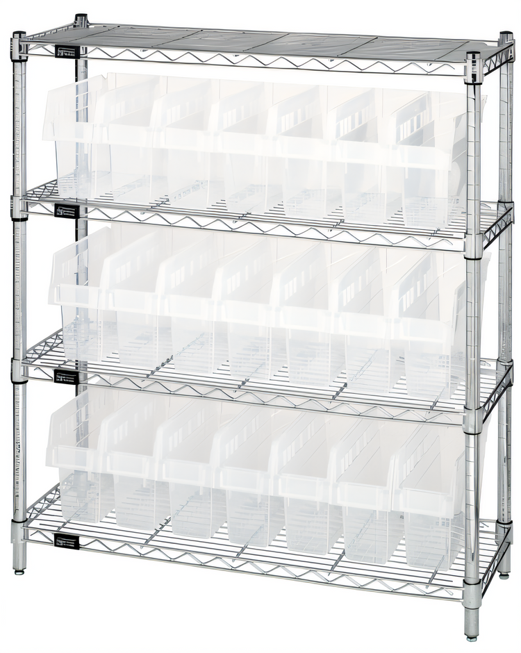 Product image #1 for Quantum 12 x 36 x 39 Inch Chrome Plated Wire Shelving Bin Center with 4 Shelves and 21 Clear Bins