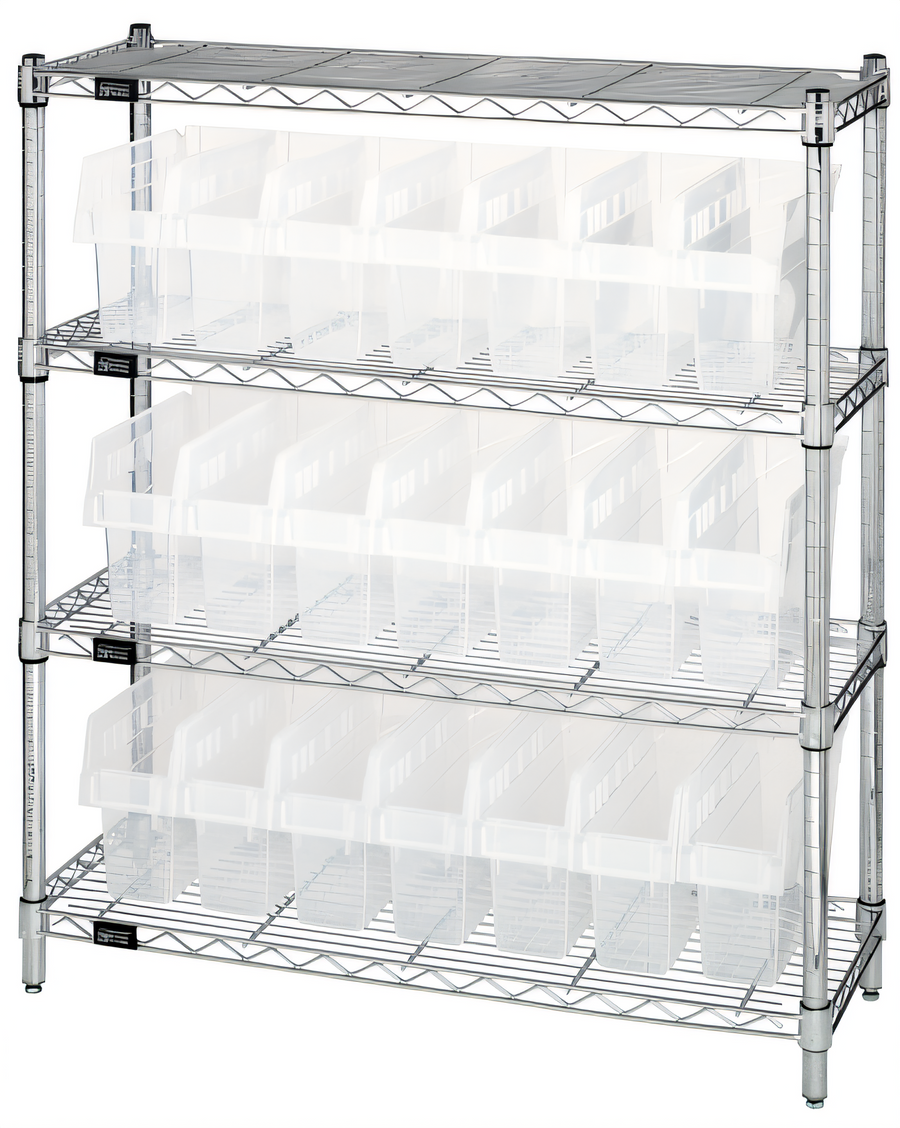 Product image #1 for Quantum 12 x 36 x 39 Inch Chrome Plated Wire Shelving Bin Center with 4 Shelves and 21 Clear Bins