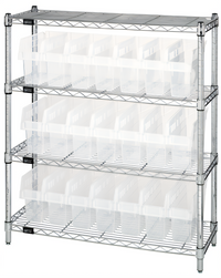 Quantum 12 x 36 x 39 Inch Chrome Plated Wire Shelving Bin Center with 4 Shelves and 21 Clear Bins