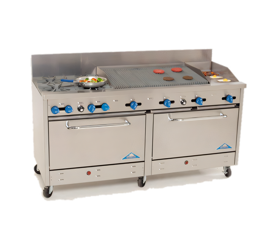 Product image #1 for Comstock-Castle 72-Inch Gas Range with 4 Open Burners, 18-Inch Griddle, 30-Inch Char-Broiler, and 2 Extra-Wide Ovens