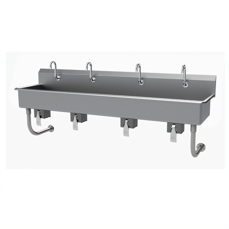 Product image #1 for Advance Tabco 4-Station Wall Mounted Knee Operated Multiwash Hand Sink with Gooseneck Spouts, 80 Inch, 304 Stainless Steel