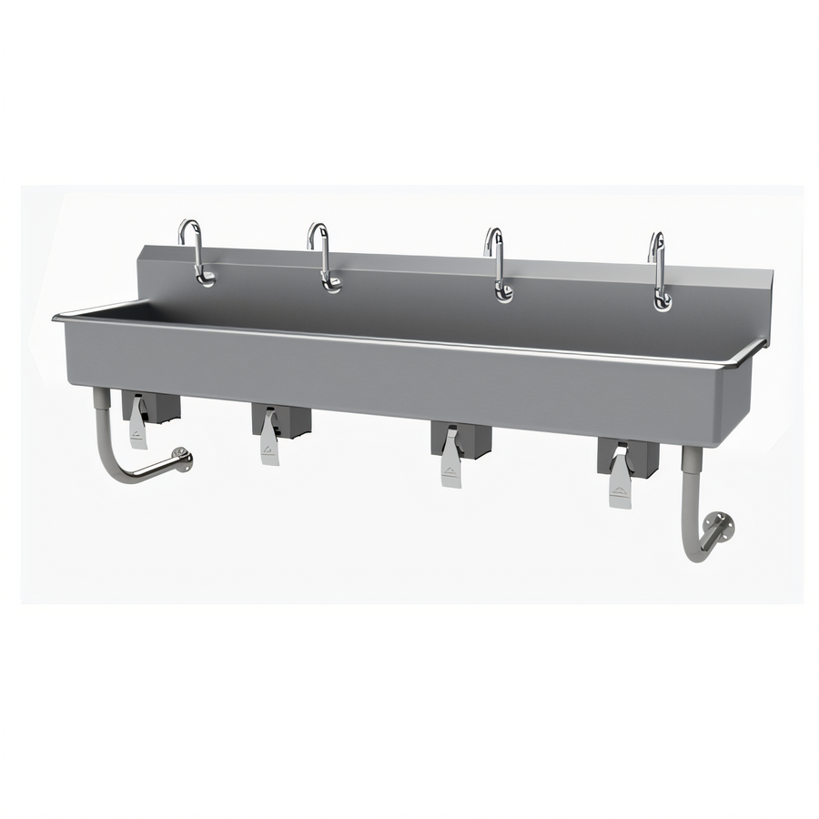 Product image #1 for Advance Tabco 4-Station Wall Mounted Knee Operated Multiwash Hand Sink with Gooseneck Spouts, 80 Inch, 304 Stainless Steel