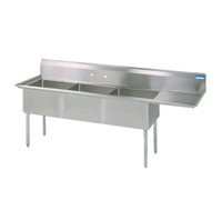 BK Resources Three-Compartment Stainless Steel Sink with 15-Inch Right-Hand Drainboard, 15 x 15 x 14 Inch Bowls